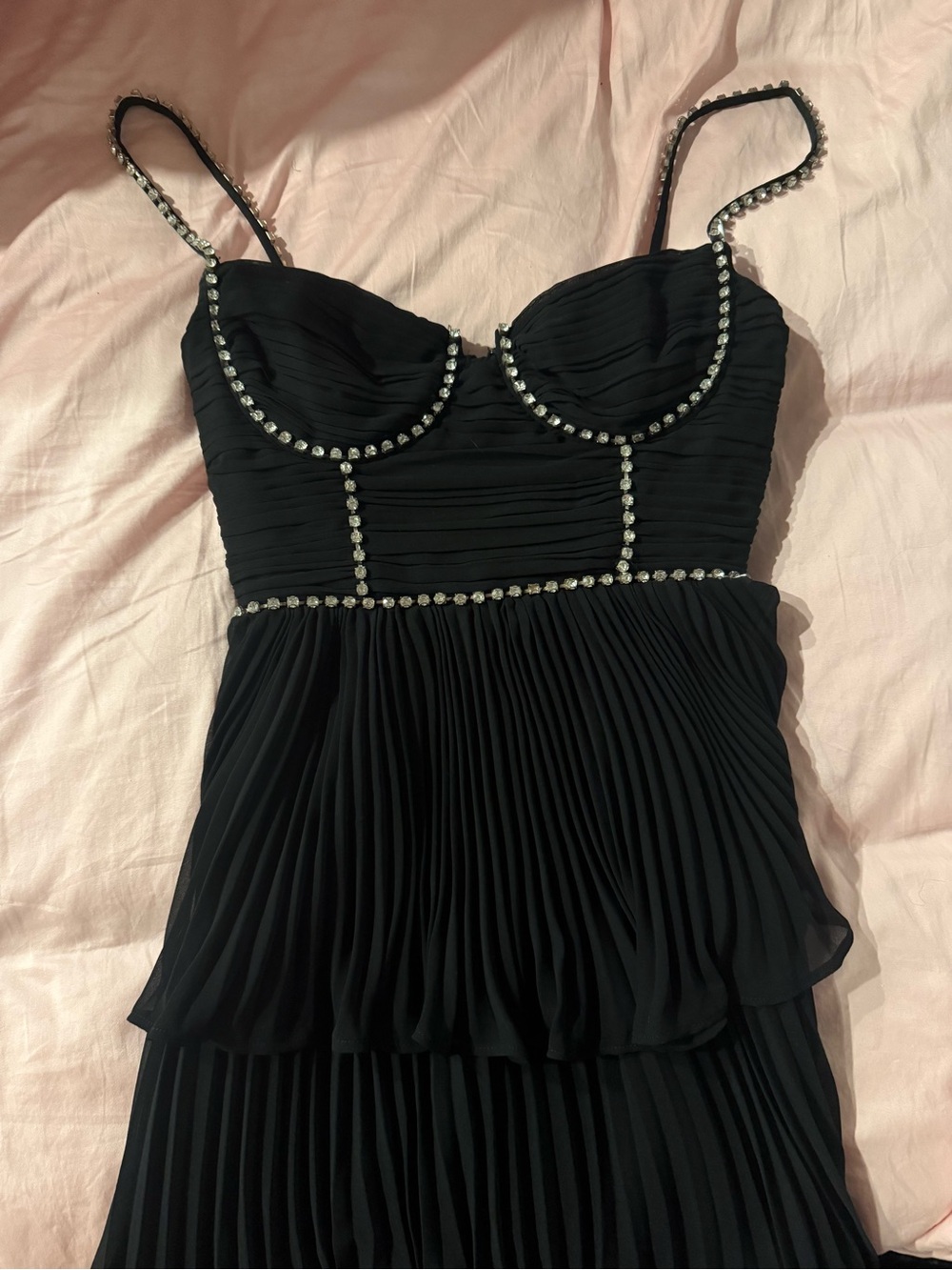 Self-Portrait Black Tiered Pleated Midi Dress with Crystal-Trim Straps - Picture 4 of 7